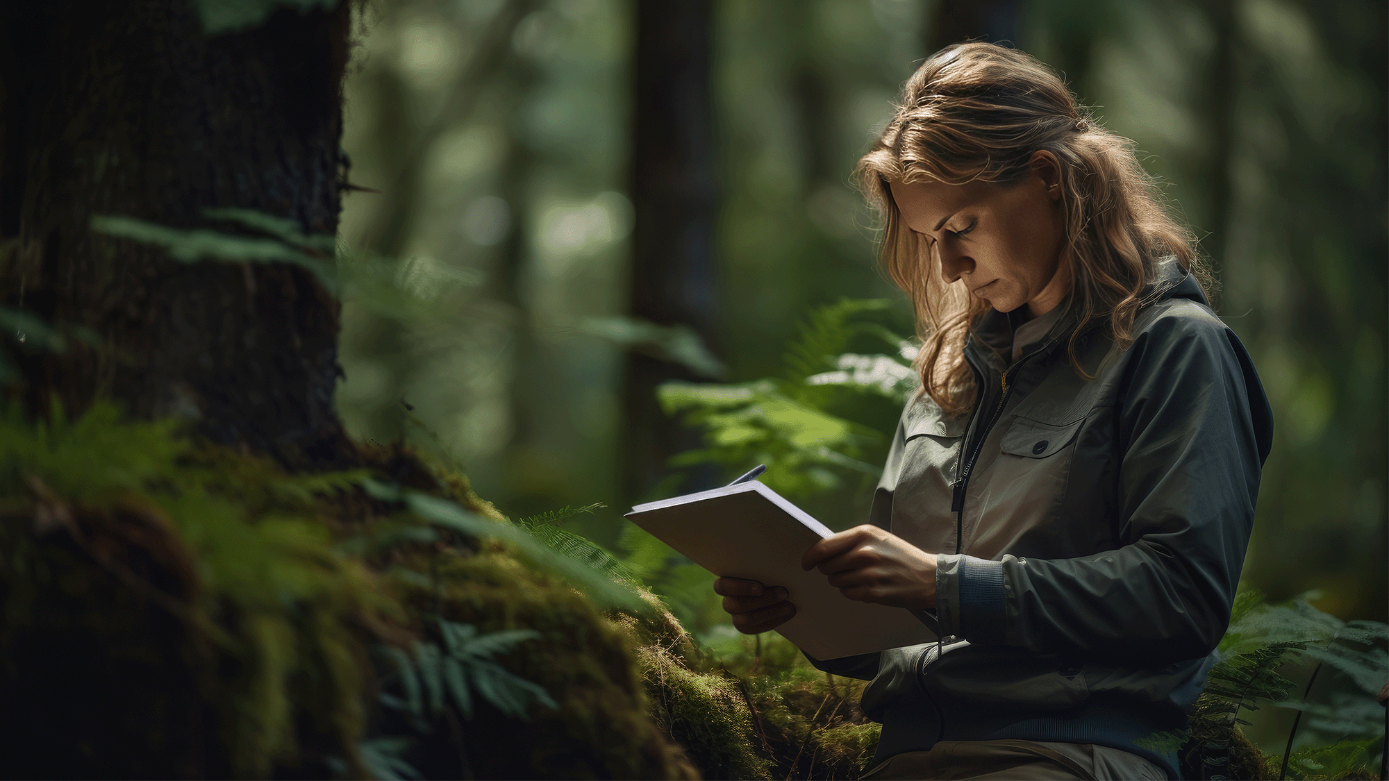 Femme devant un fond de nature regardant une tablette